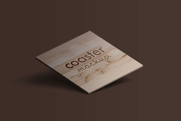 3/4 View of a Square Coaster With an Engraved Logo Mockup