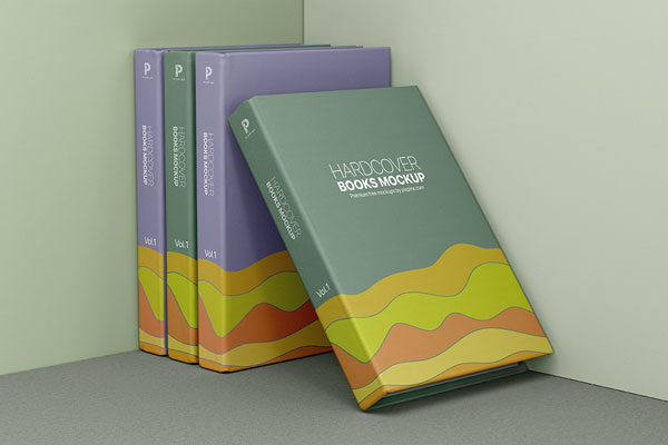 3/4 View of Four Standing Hardcover Books Mockup