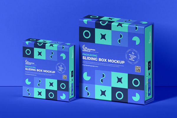 3/4 View of Packaging Sliding Box Mockup in Different Sizes
