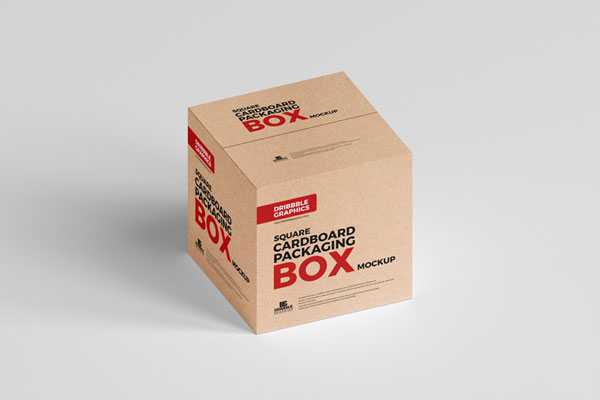 3/4 View of Square Cardboard Packaging Box Mockup