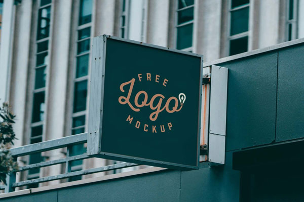 3/4 View Projecting Square Shop Signage Mockup in Outdoor Setting