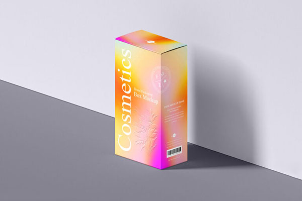 3/4 View Stand-up Packaging Box Against Wall Mockup with Shadow