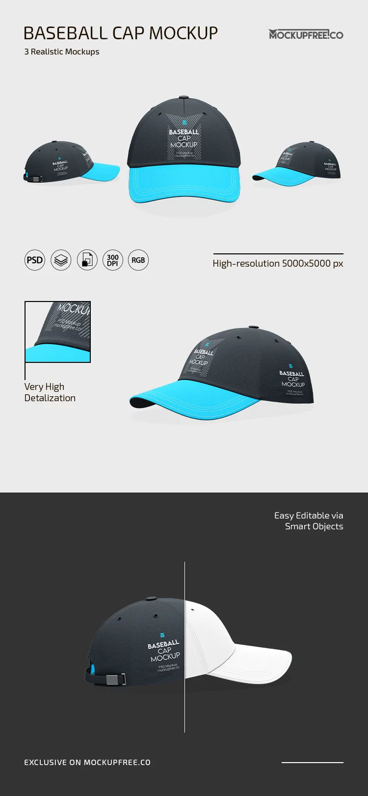 Free 3 Baseball Cap Mockups PSD Template
