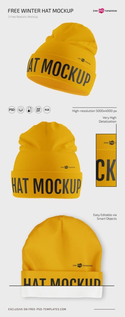 3 Beanie Hat Mockups in Different Views and Positions mockup preview