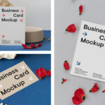 3 Business Card Mockups on Table with Flowers mockup preview