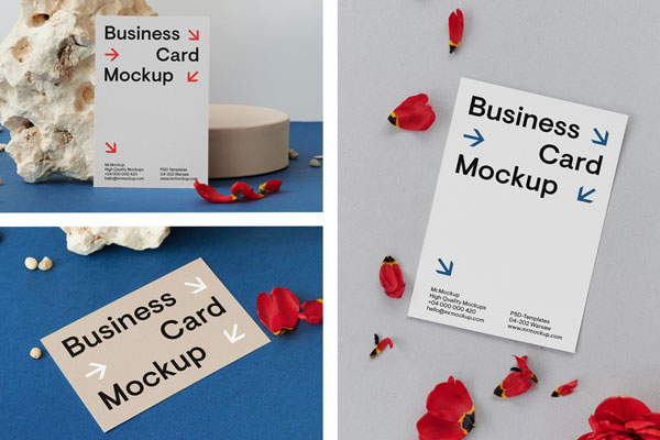 3 Business Card Mockups on Table with Flowers