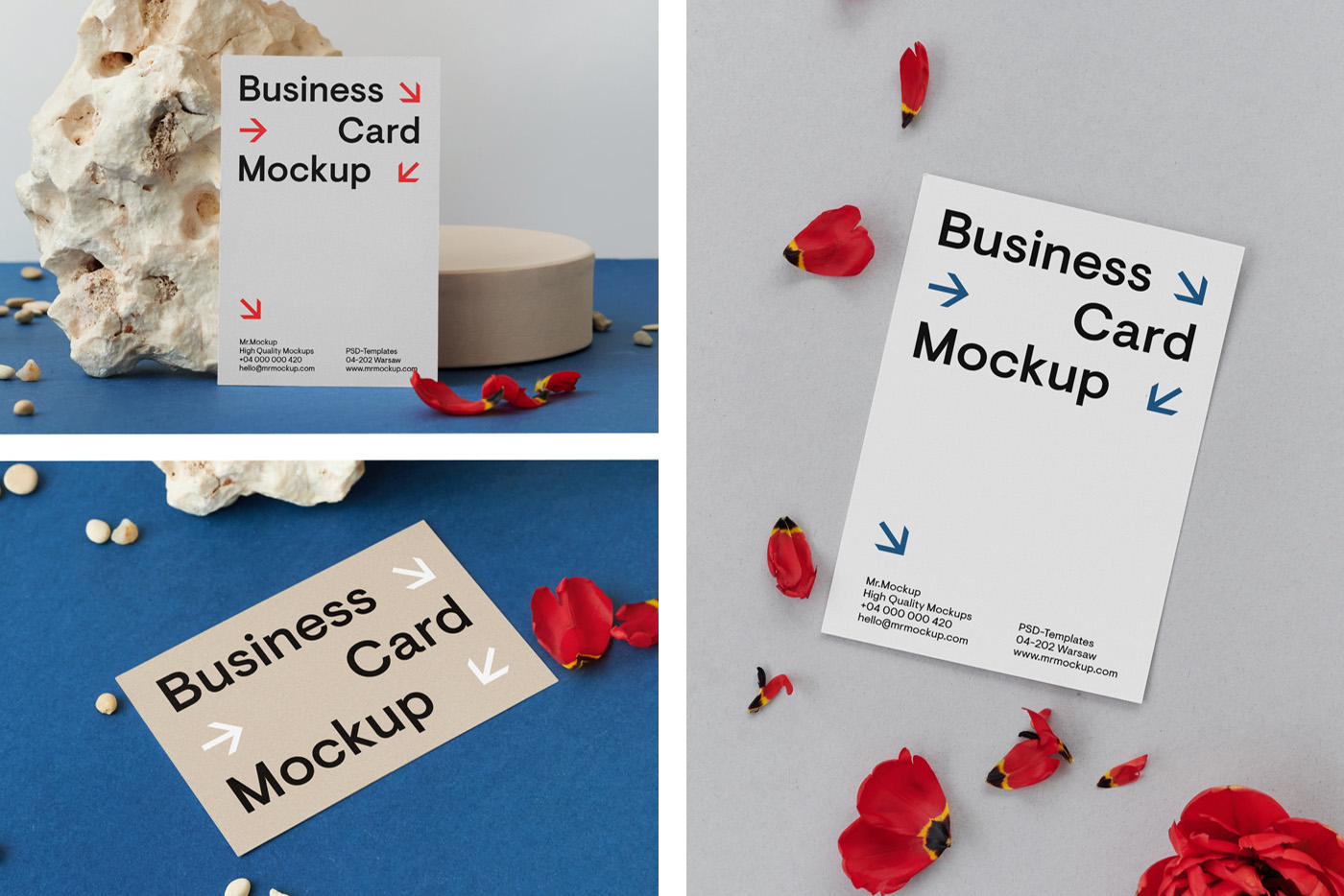 3 Business Card Mockups on Table with Flowers FREE PSD
