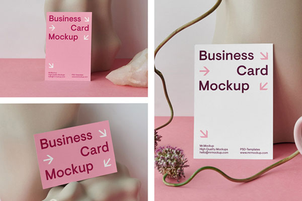 3 Business Card Mockups with Unique Vase in Front Sight