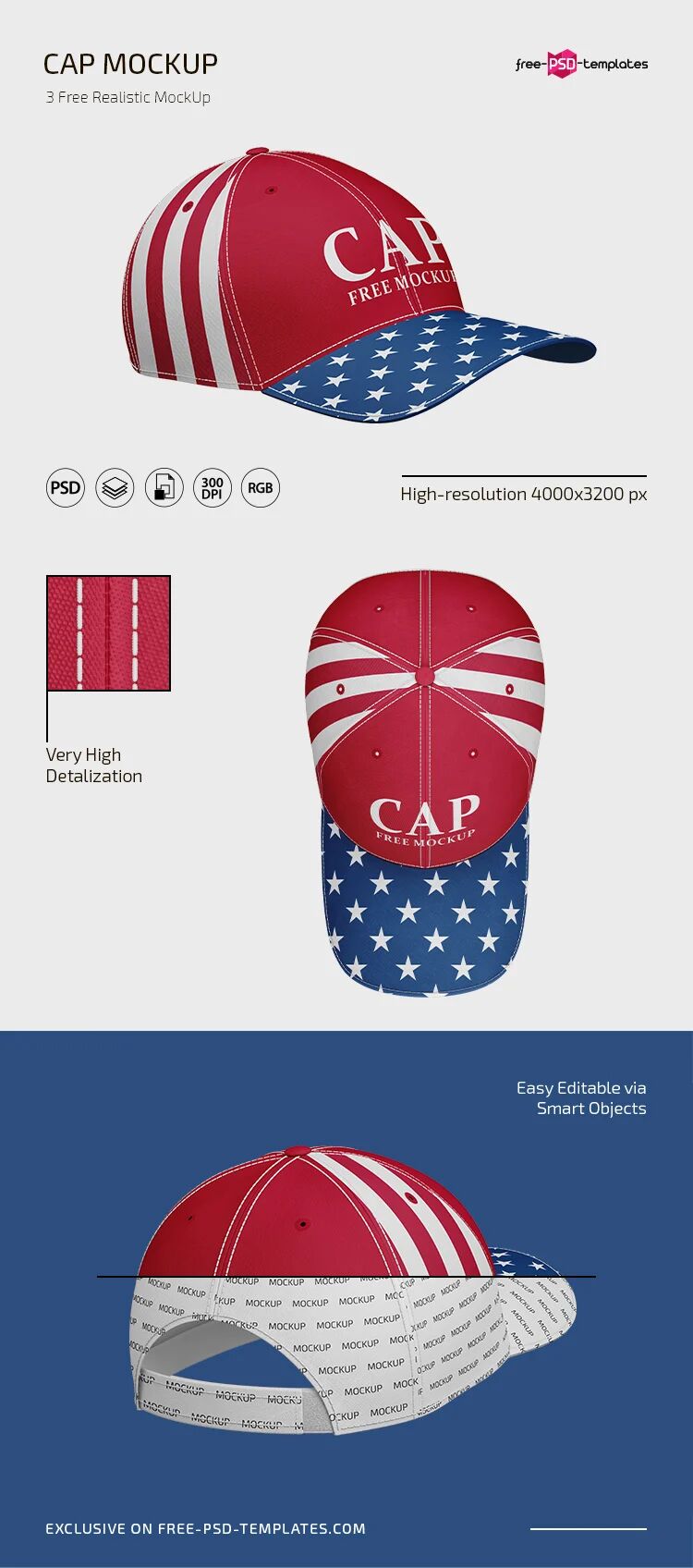 3 Cap Mockups in Different Views FREE PSD