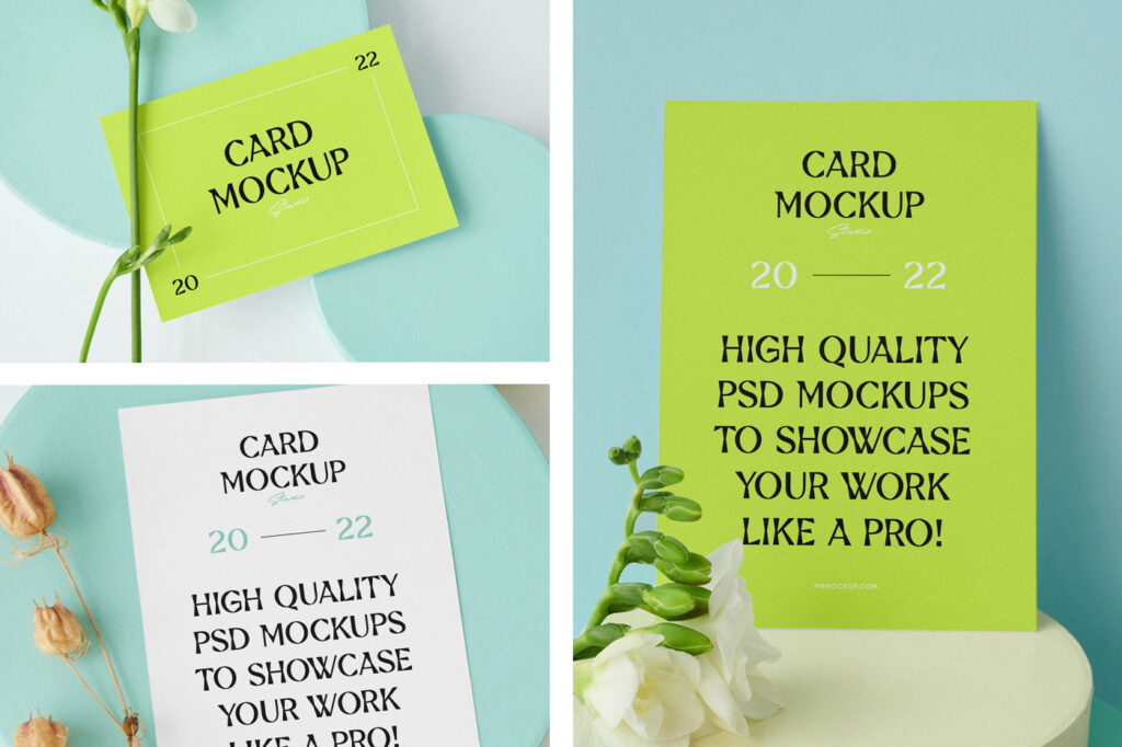 3 Card Mockups with Circle Boxes in Perspective and Front Views