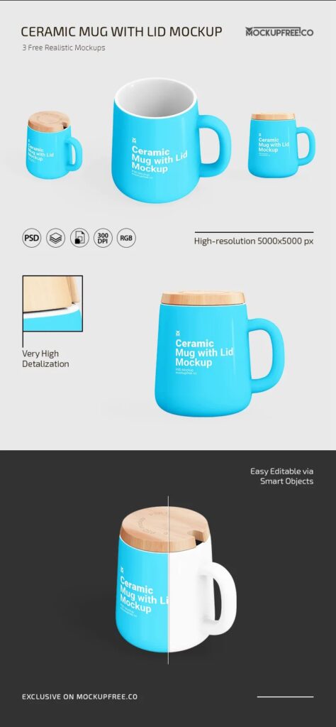 3 Ceramic Mug Mockups with Lid in Varied Views