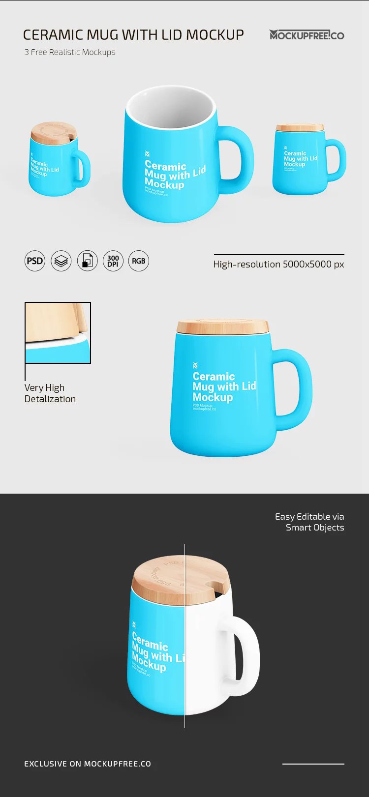 3 Ceramic Mug Mockups with Lid in Varied Views FREE PSD