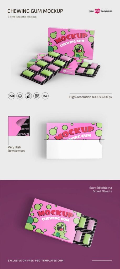 3 Chewing Gum Mockups with Blister Packs in Different Views