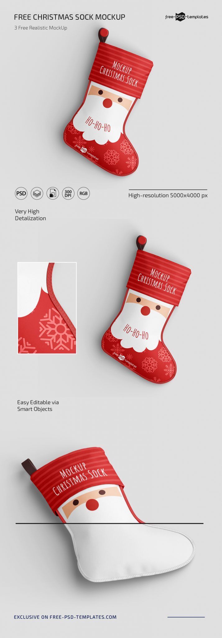 3 Christmas Sock Mockups Hung or Laid Down on Floor FREE PSD