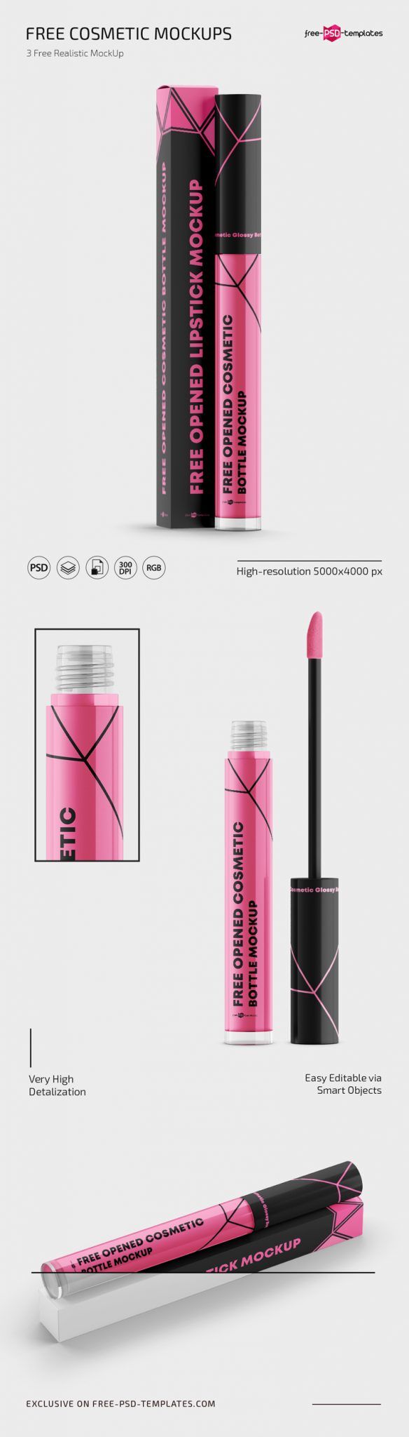 3 Cosmetic Mockups Featuring Mascara Wand, Bottle, and Packaging Box FREE PSD