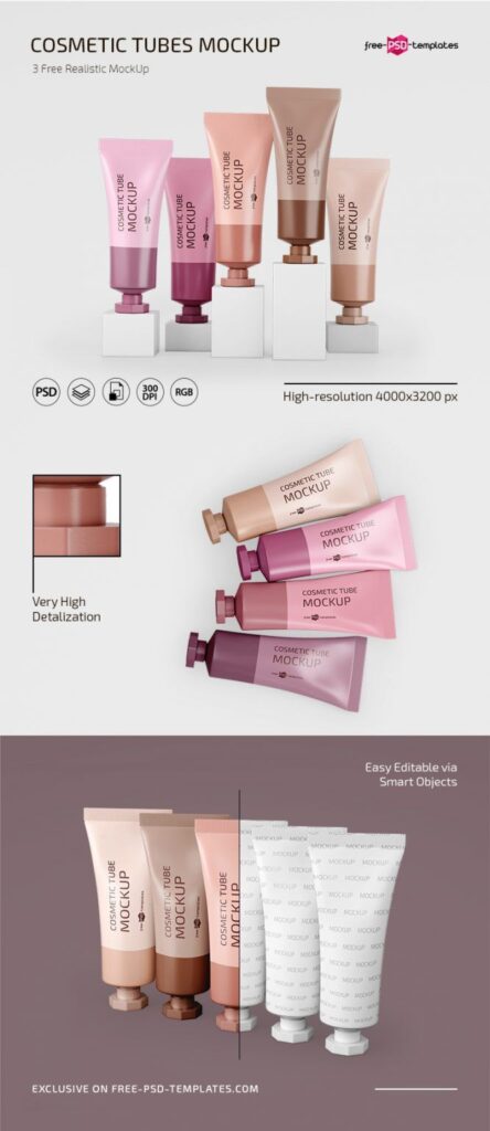 3 Cosmetic Tubes Mockups in Different Shots mockup preview
