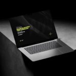 3 Dark MacBook Pro on Stand Mockups in Perspective view