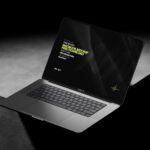 3 Dark MacBook Pro on Stand Mockups in Perspective view