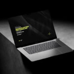 3 Dark MacBook Pro on Stand Mockups in Perspective view