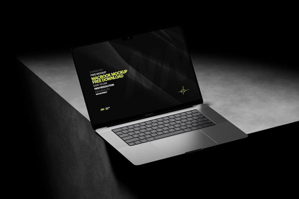 3 Dark MacBook Pro on Stand Mockups in Perspective view