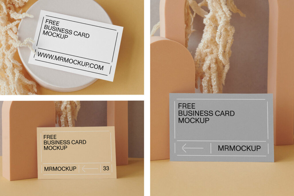 3 Different Shots of Business Cards Mockup with Paper Figures