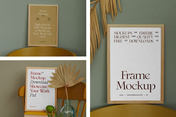 3 Different Shots of Wood Frame Mockup on Chair