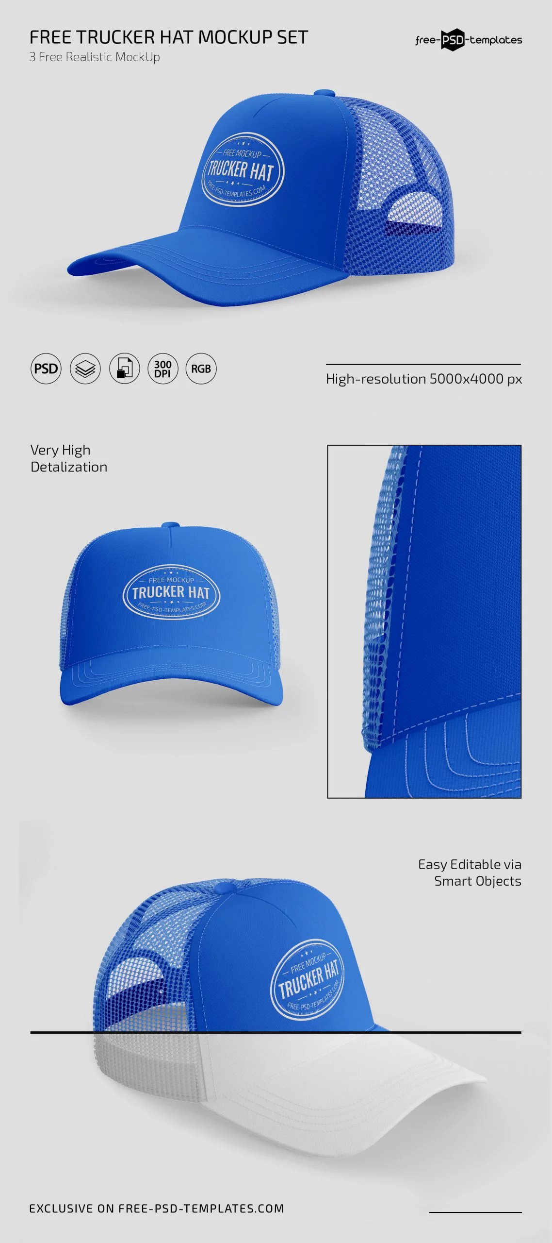 3 Different Sights of Trucker Hat Mockup FREE PSD