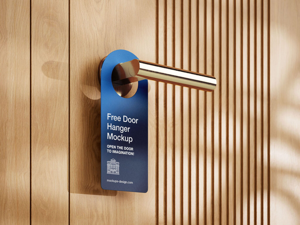 3 Door Hanger on Gold Handle Mockups on Wooden Door