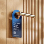 3 Door Hanger on Gold Handle Mockups on Wooden Door
