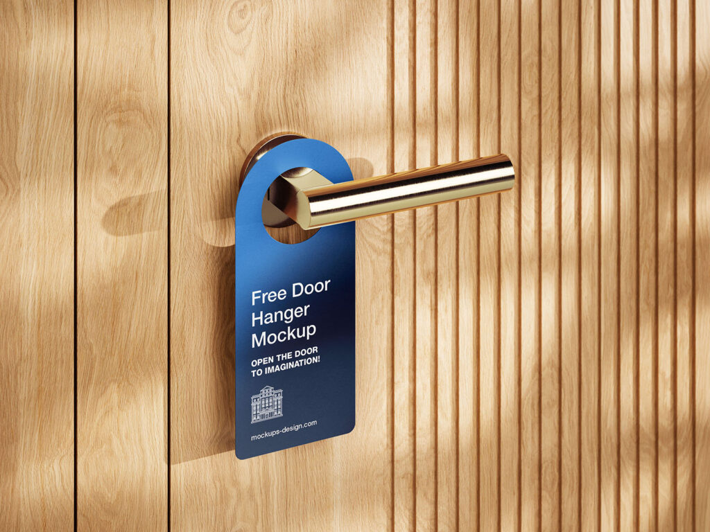 3 Door Hanger on Gold Handle Mockups on Wooden Door