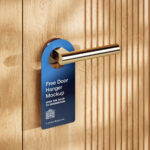 3 Door Hanger on Gold Handle Mockups on Wooden Door