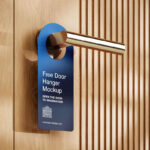 3 Door Hanger on Gold Handle Mockups on Wooden Door