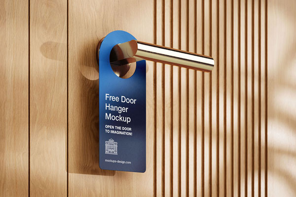 3 Door Hanger on Gold Handle Mockups on Wooden Door