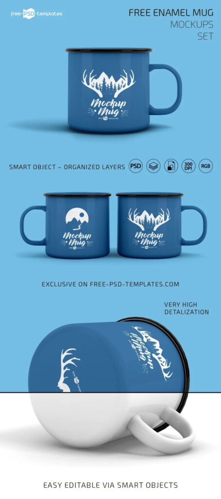 3 Enamel Mug Mockups in Different Views and Positions