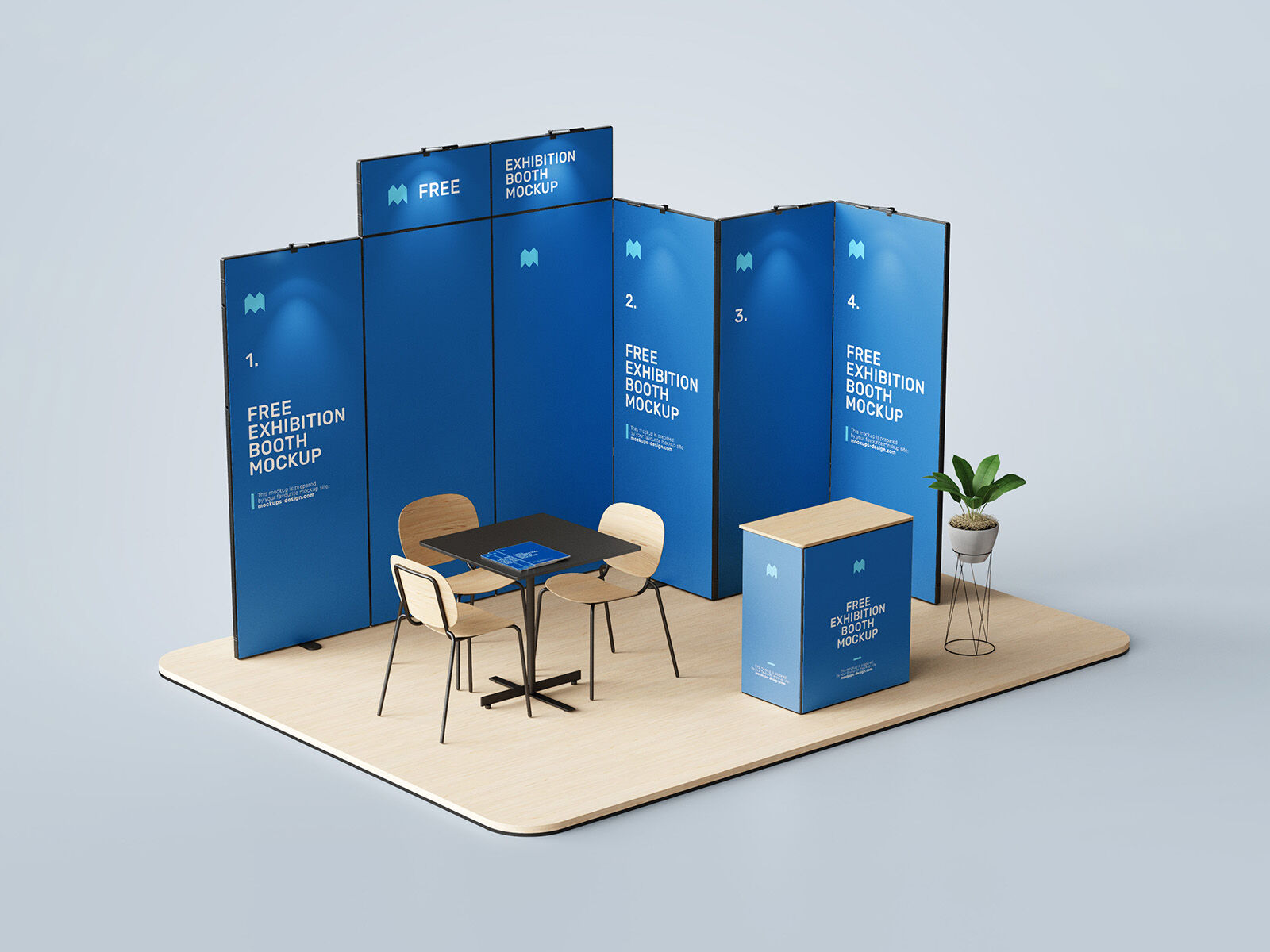 3 Exhibition Booth Mockups Featuring Backdrop, Counter, Desk and Chairs FREE PSD