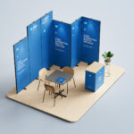 3 Exhibition Booth Mockups Featuring Backdrop, Counter, Desk and Chairs