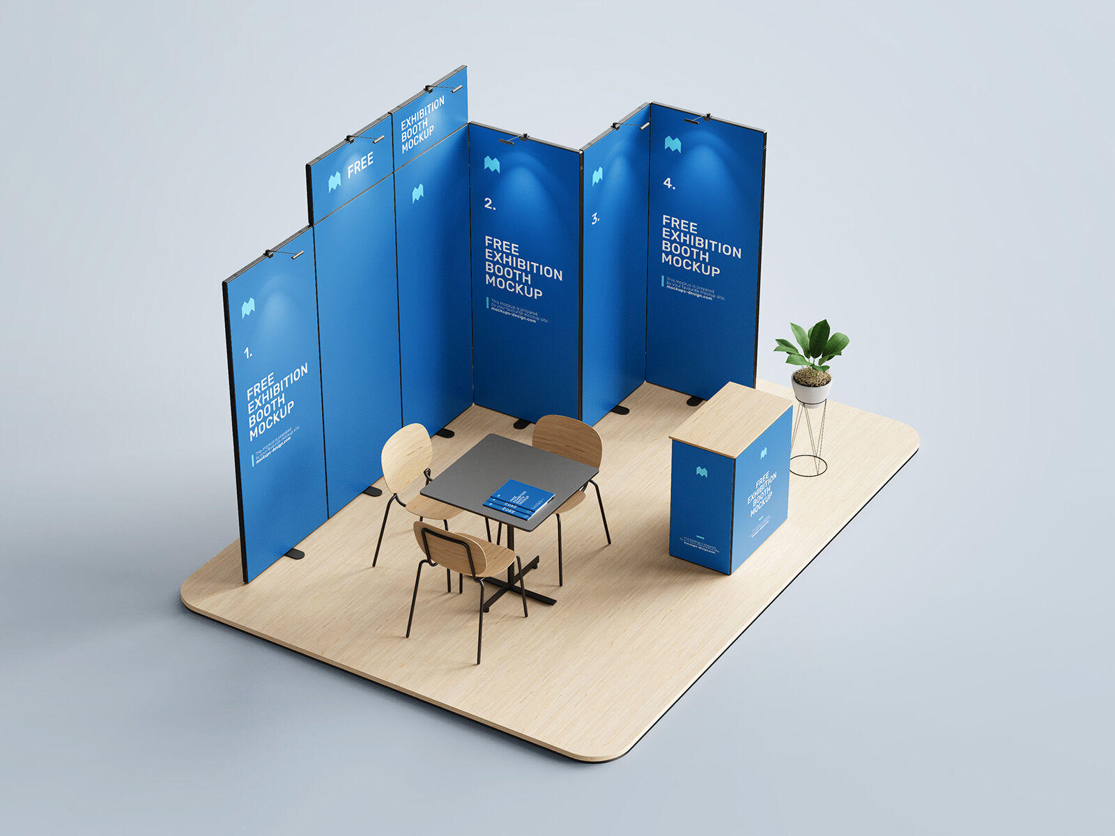 3 Exhibition Booth Mockups Featuring Backdrop, Counter, Desk and Chairs FREE PSD