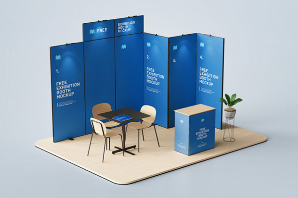 3 Exhibition Booth Mockups Featuring Backdrop, Counter, Desk and Chairs