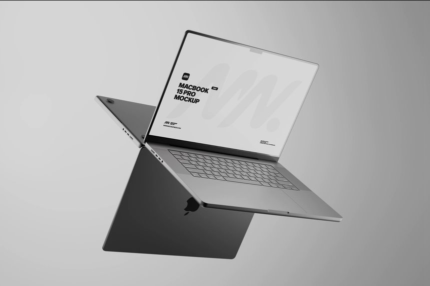 3 Floating MacBook Pro Mockups Against Mirror