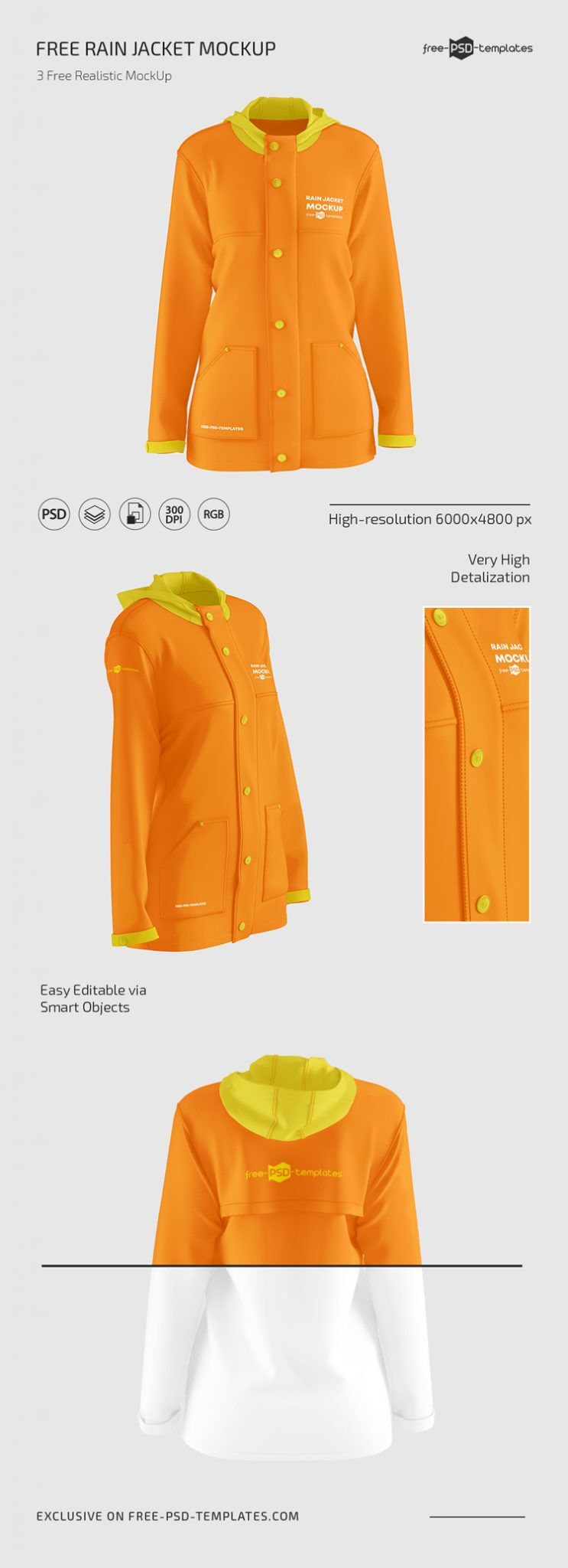3 Floating Rain Jacket Mockups in Different Views FREE PSD