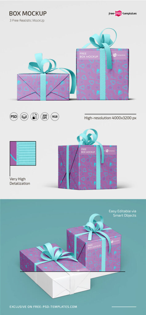 3 Gift Box with Ribbon Mockups in Different Views mockup preview