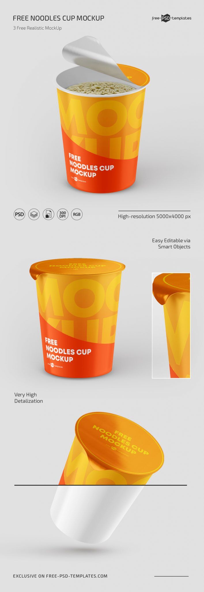 3 Instant Noodle Cup Mockups in Perspective FREE PSD