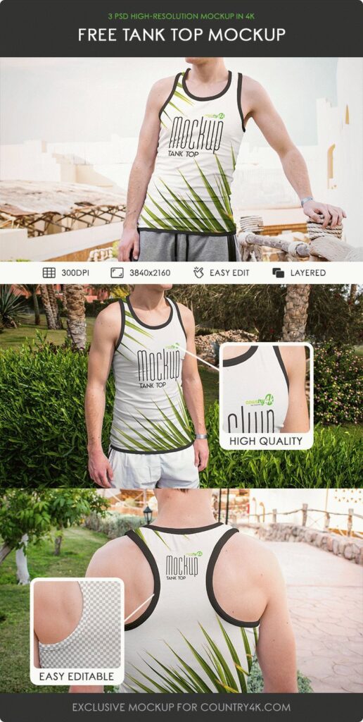 3 Male Tank Top Mockups in Different Shots
