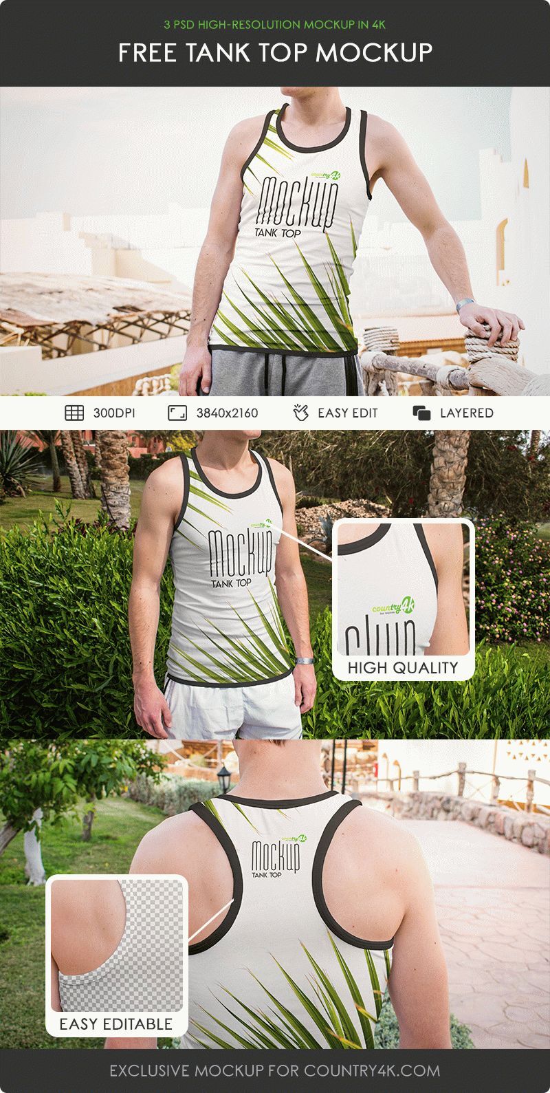 3 Male Tank Top Mockups in Different Shots FREE PSD