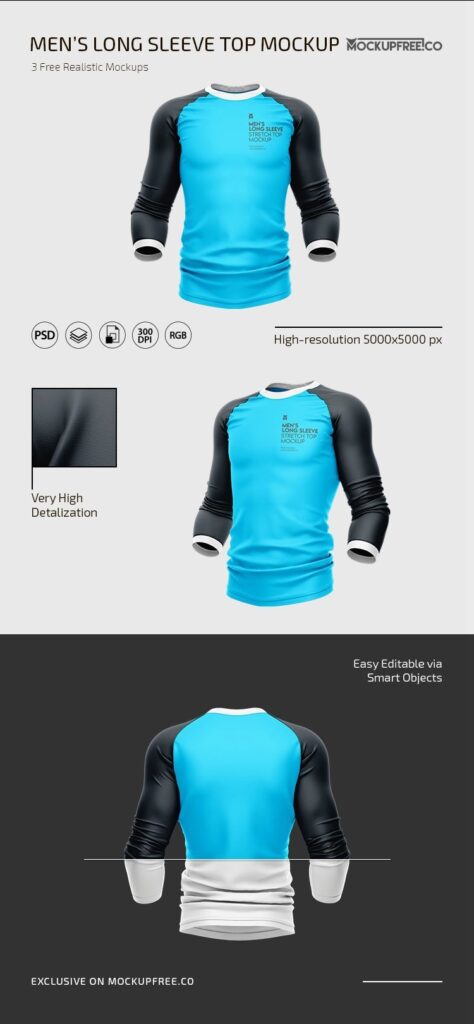3 Men’s Stretch Long Sleeve Top Mockups in Various Views