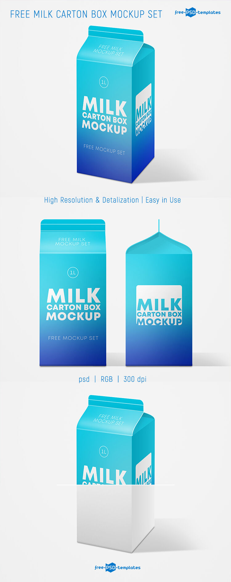 3 Milk Carton Box Mockups From Different Views FREE PSD