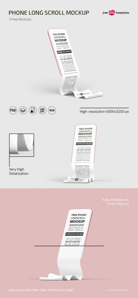 3 Minimal Phone Long Scroll Mockups in Different Views