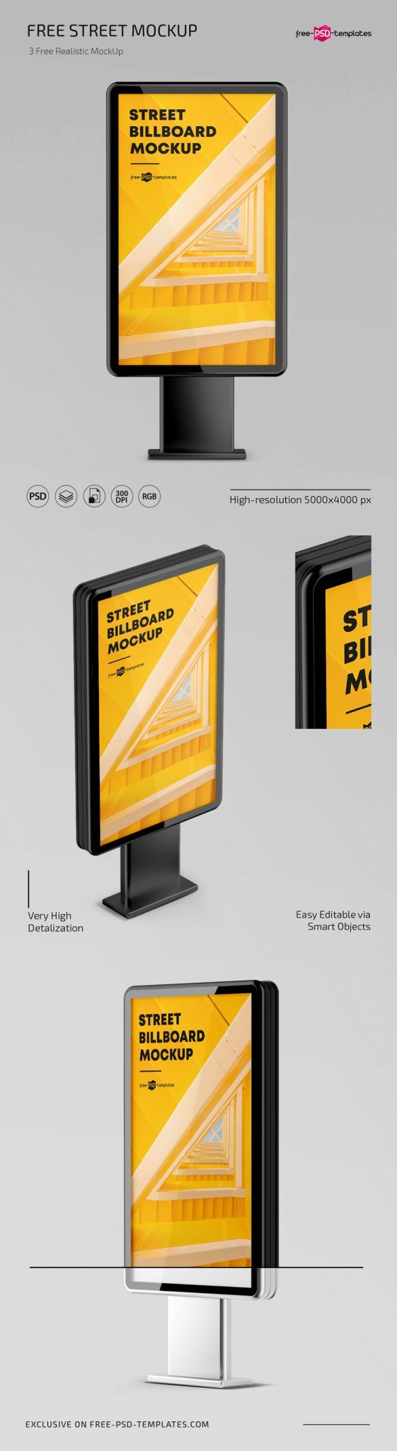 3 Minimalistic Mockups Featuring Street Billboard Stand in Different Views FREE PSD