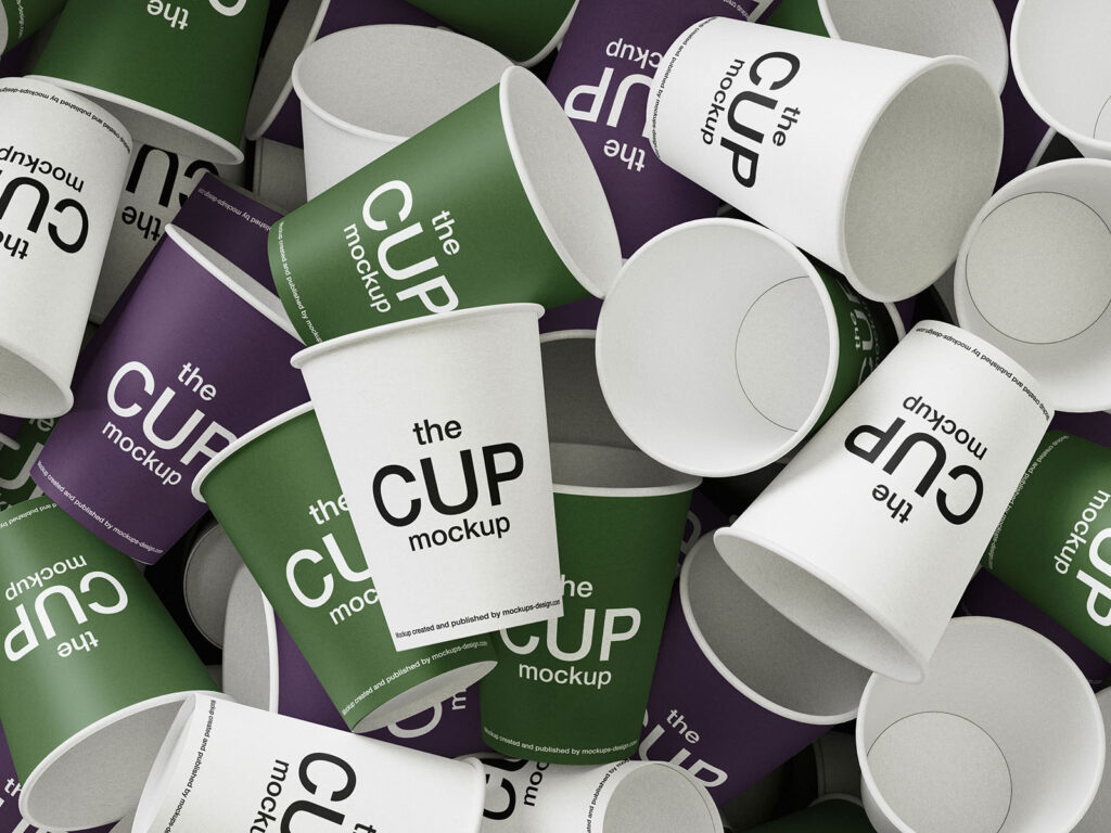 3 Mixed Coffee Cups Mockup in Top Sight
