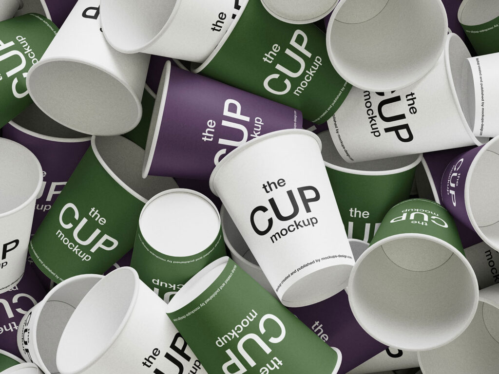 3 Mixed Coffee Cups Mockup in Top Sight